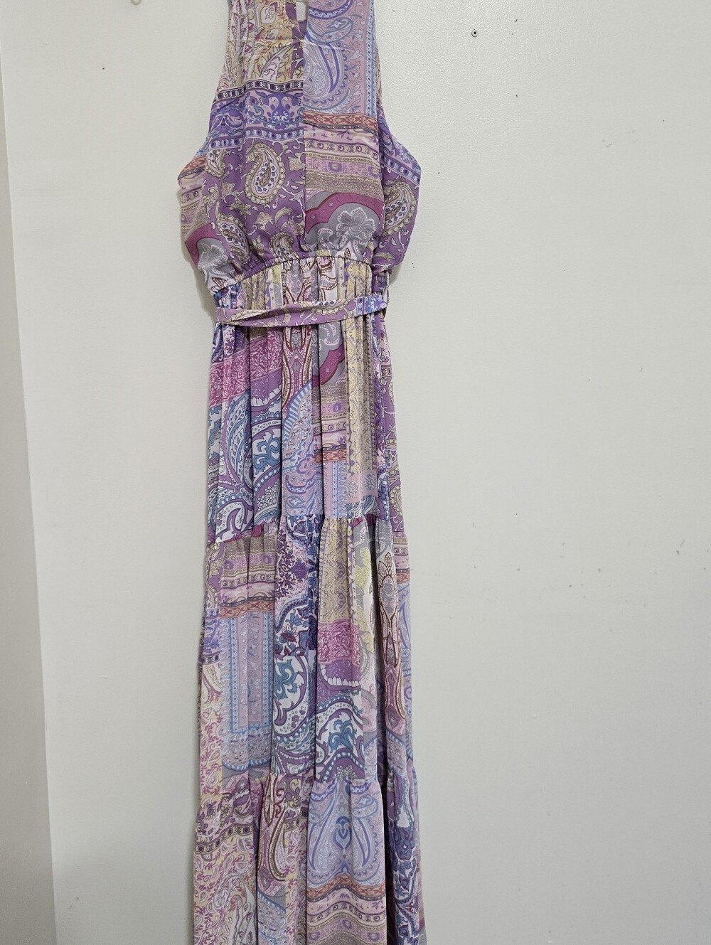 ALMOST PINK size Medium Sleeveless Paisley Print Tie Waist Maxi Dress Purple - Picture 12 of 14